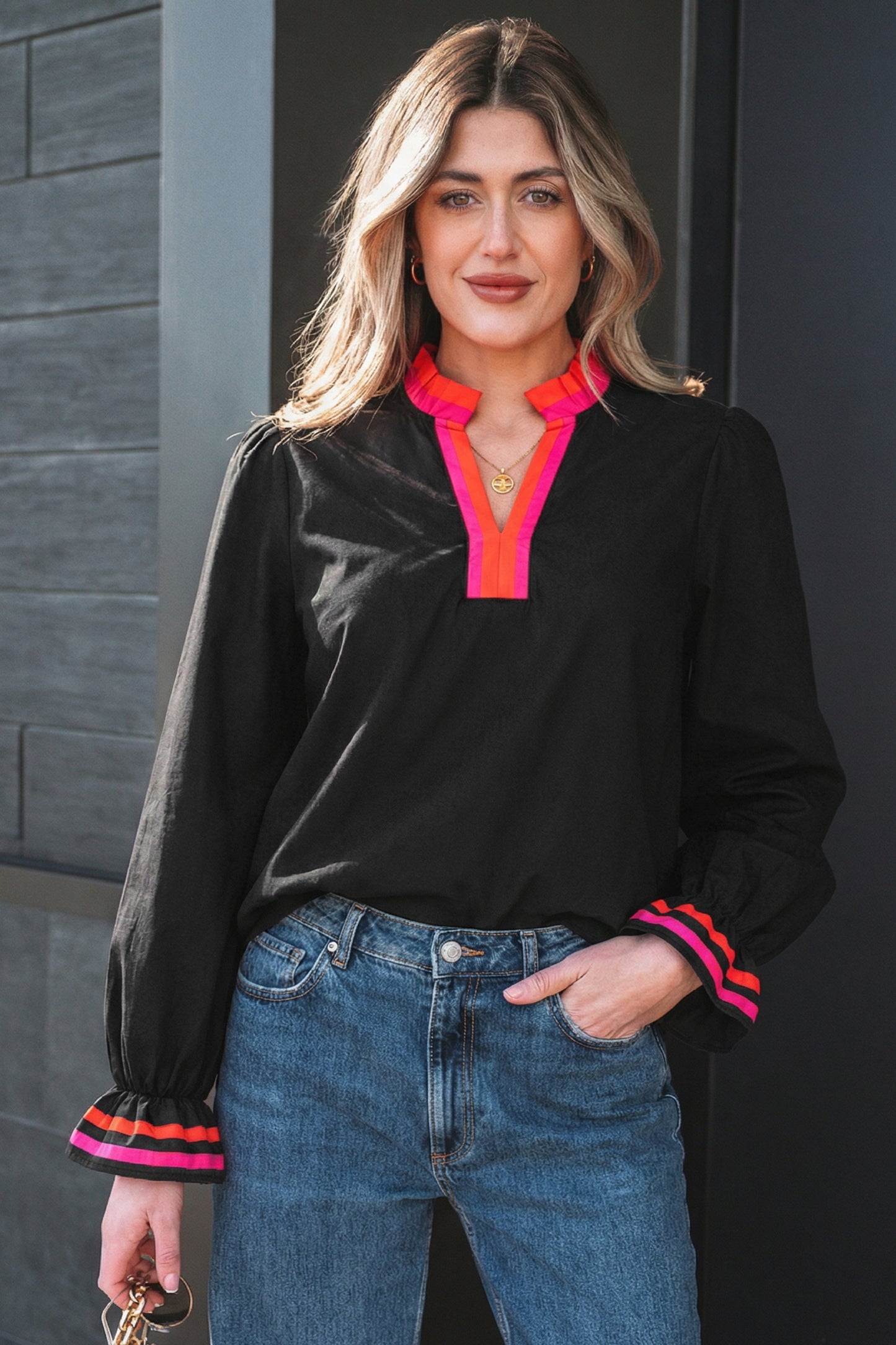 Four Leaf Clover Striped Trim Ruffle Split Neck Long Sleeve Blouse
