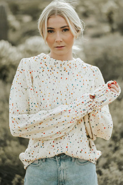 Pull ras du cou en maille torsadée beige à pois colorés 