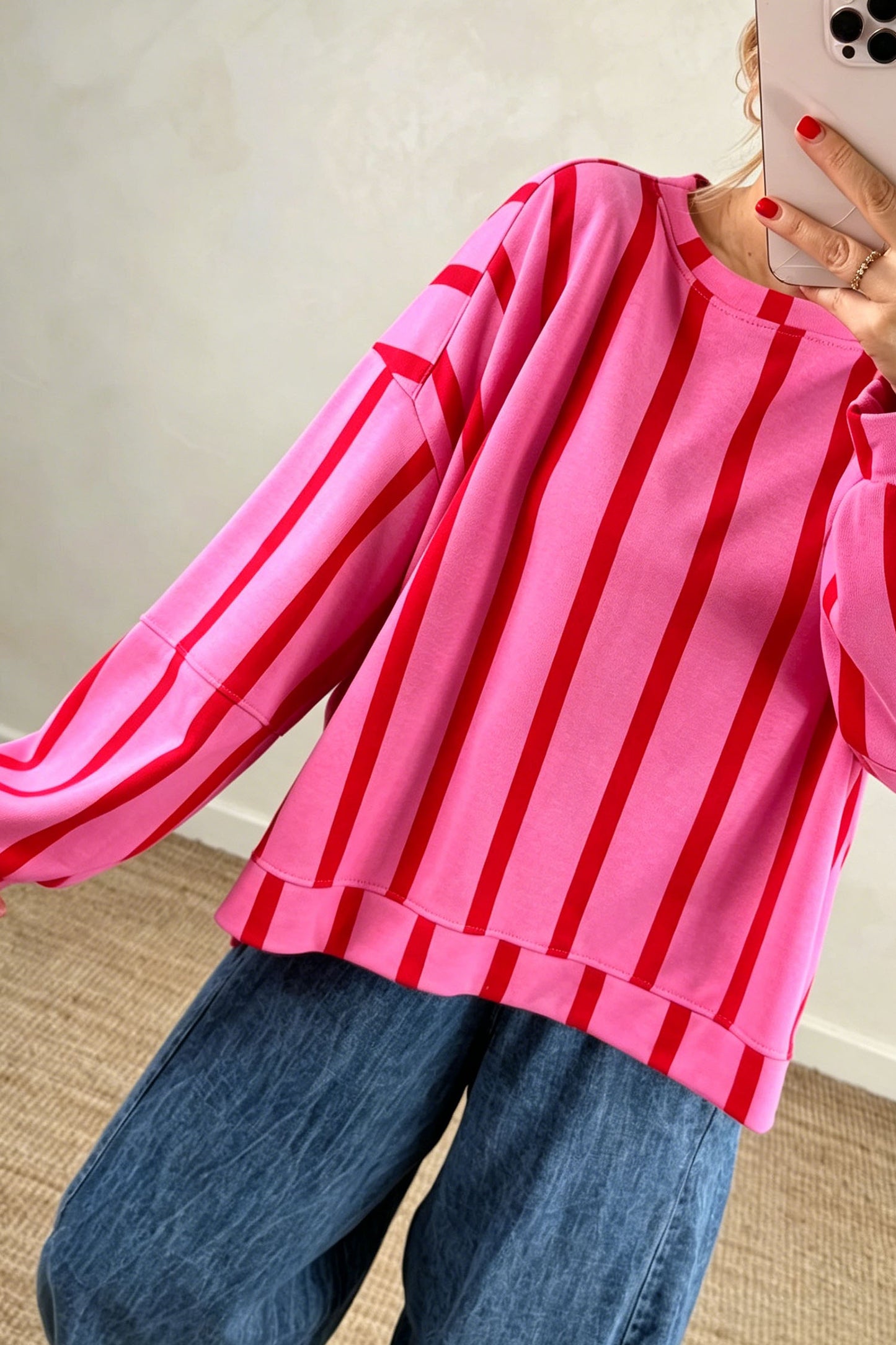 Red Stripe Dropped Shoulder Round Neck Casual Sweatshirt