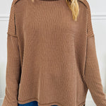 Dark Khaki Twist Ribbed Exposed Seam Detail Long Sleeve Loose Top