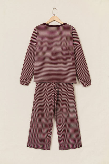 Brown Stripe Contrast Trim Round Neck Oversize Long Sleeve Top 2pcs Pant Set