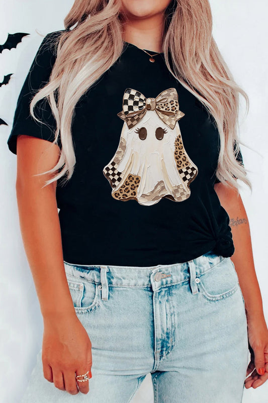 Black Checkered Leopard Ghost Print Round Neck Halloween T Shirt