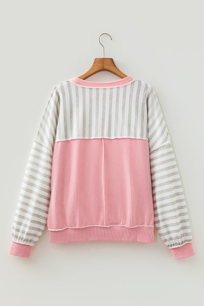 Pink Twisted Rib Trim Striped Round Neck Long Sleeve Top