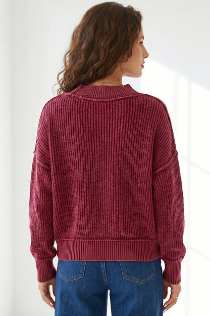 Red Dahlia Drop Shoulder High Neck Ribbed Sweater