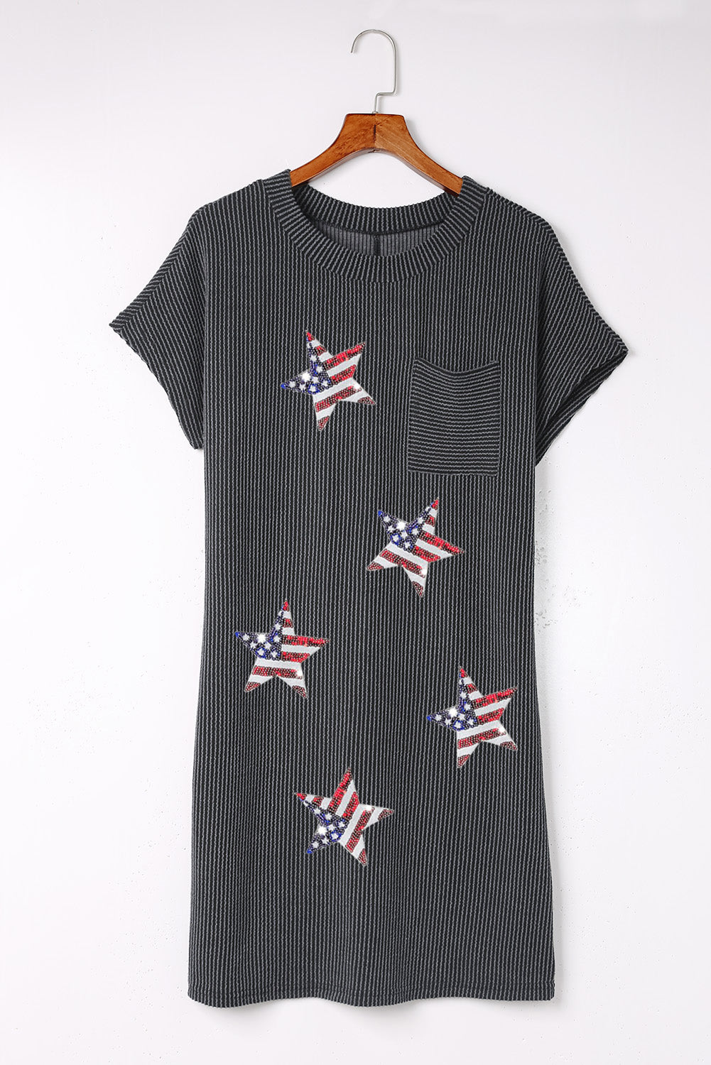 Gray Sequin Flag Stars Ribbed Shift T-shirt Dress