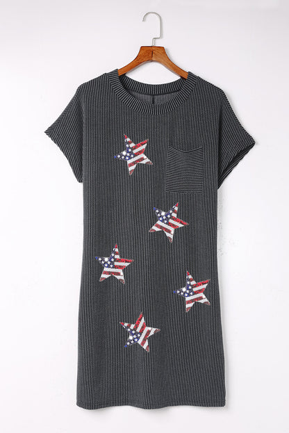 Gray Sequin Flag Stars Ribbed Shift T-shirt Dress