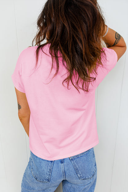 Pink Leopard Bow Embroidered Cotton Round Neck T Shirt