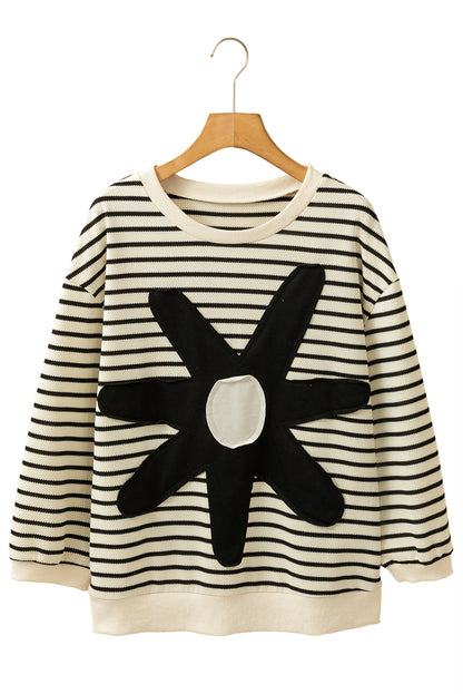 Black white Striped Big Flower Patched 3/4 Sleeve Top