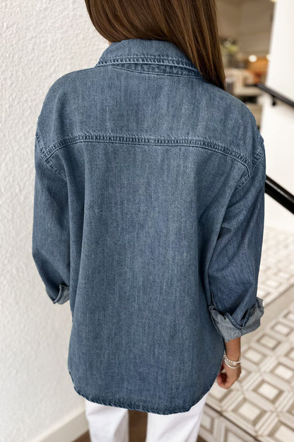 Sky Blue Color Block Pocket Detail Casual Button Down Denim Shirt
