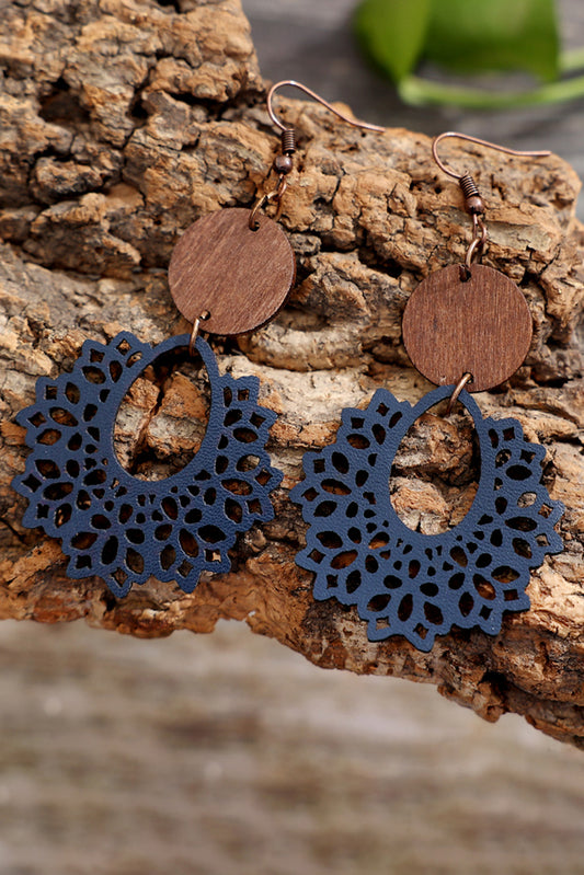 Pendientes colgantes de madera redondos con flores huecas