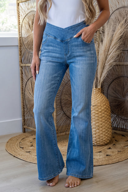 Dusk Blue Crossed Waist Western Flared Full-length Jeans