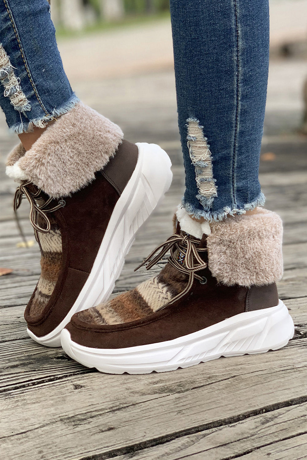 Chestnut Plush Suede Patched Lace Up Ankle Boots