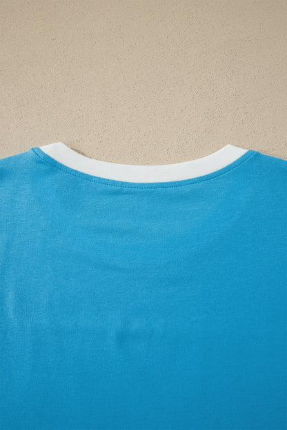 Light Blue Flag Print Patchwork Colorblock July 4th T Shirt