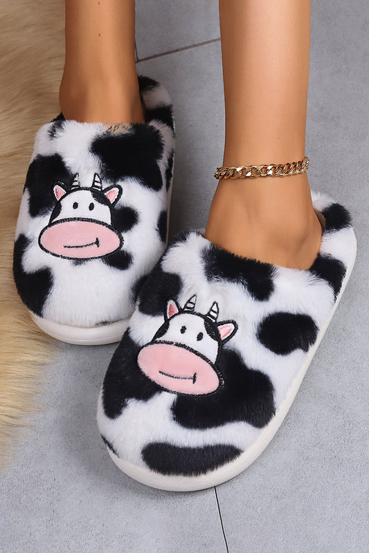Bright White Cartoon Cow Embroidered Fuzzy Home Slippers