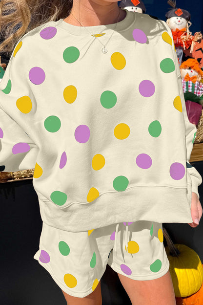Multicolour Polka Dot Print Drop Shoulder Pullover Drawstring Shorts Set