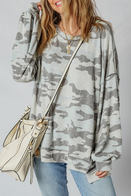 Multicolour Retro Camouflage Print Exposed Seam Patchwork Drop Shoulder Sweatshirt