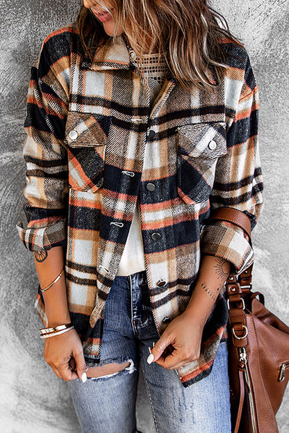 Blue Geometric Plaid Print Pocketed Shacket