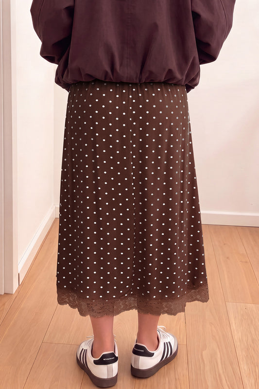 Brown Polka Dot Lace Hem Elegant Long Shift Skirt