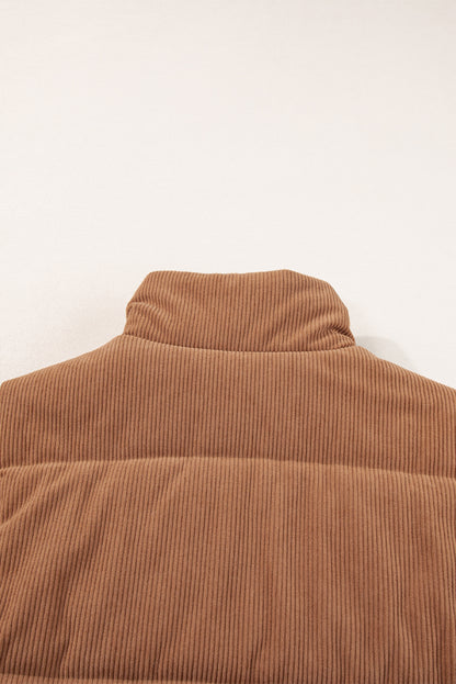 Gilet matelassé zippé en velours côtelé café à col montant