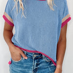 Sky Blue Textured Contrast Trim Round Neck T Shirt