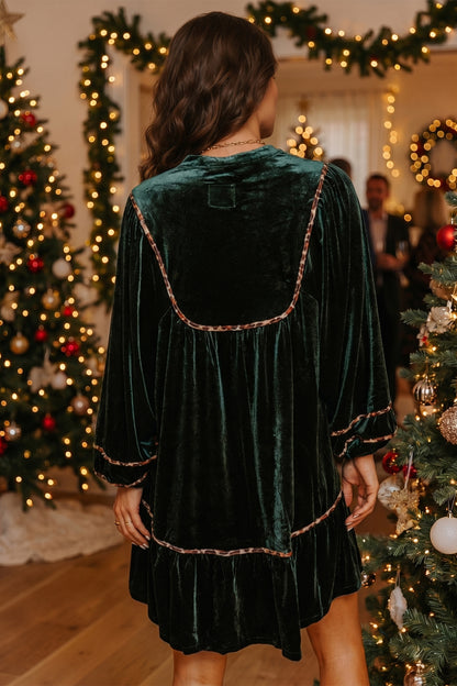 Blackish Green Leopard Trim Velvet Long Sleeve Shift Dress