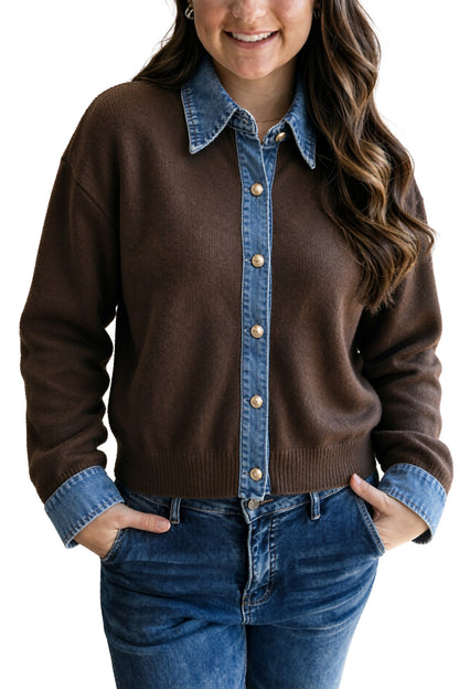 Coffee Contrast Denim Collar Button Down Sweater Cardigan