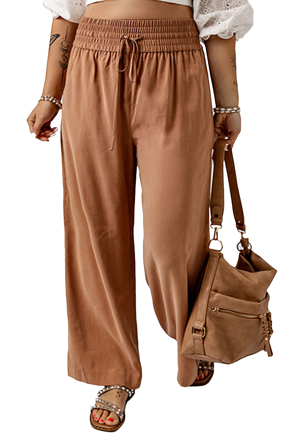 Drawstring Elastic Waist Casual Wide Leg Pants