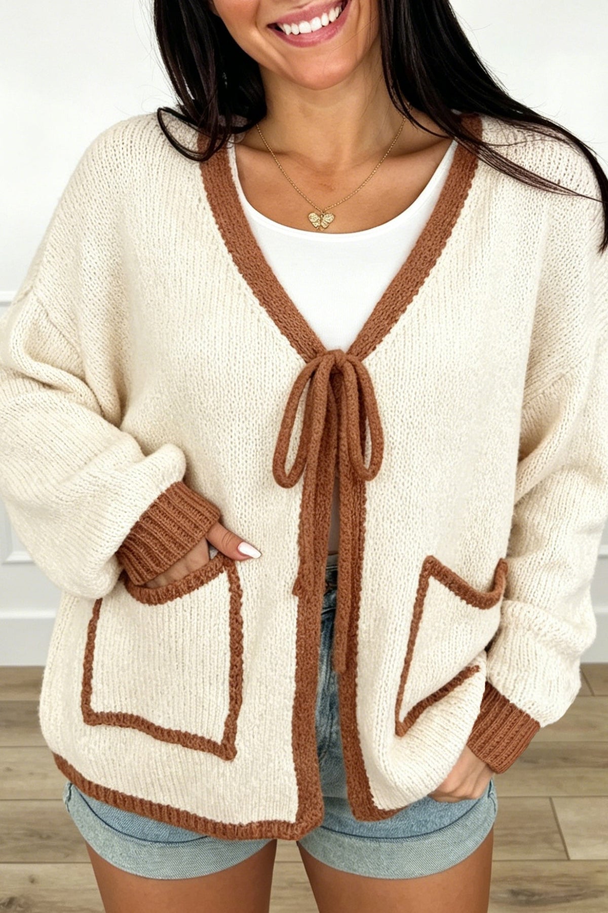 Apricot Contrast Trim V-Neck Tie Front Loose Sweater Cardigan