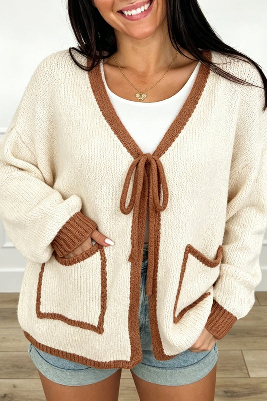 Apricot Contrast Trim V-Neck Tie Front Loose Sweater Cardigan