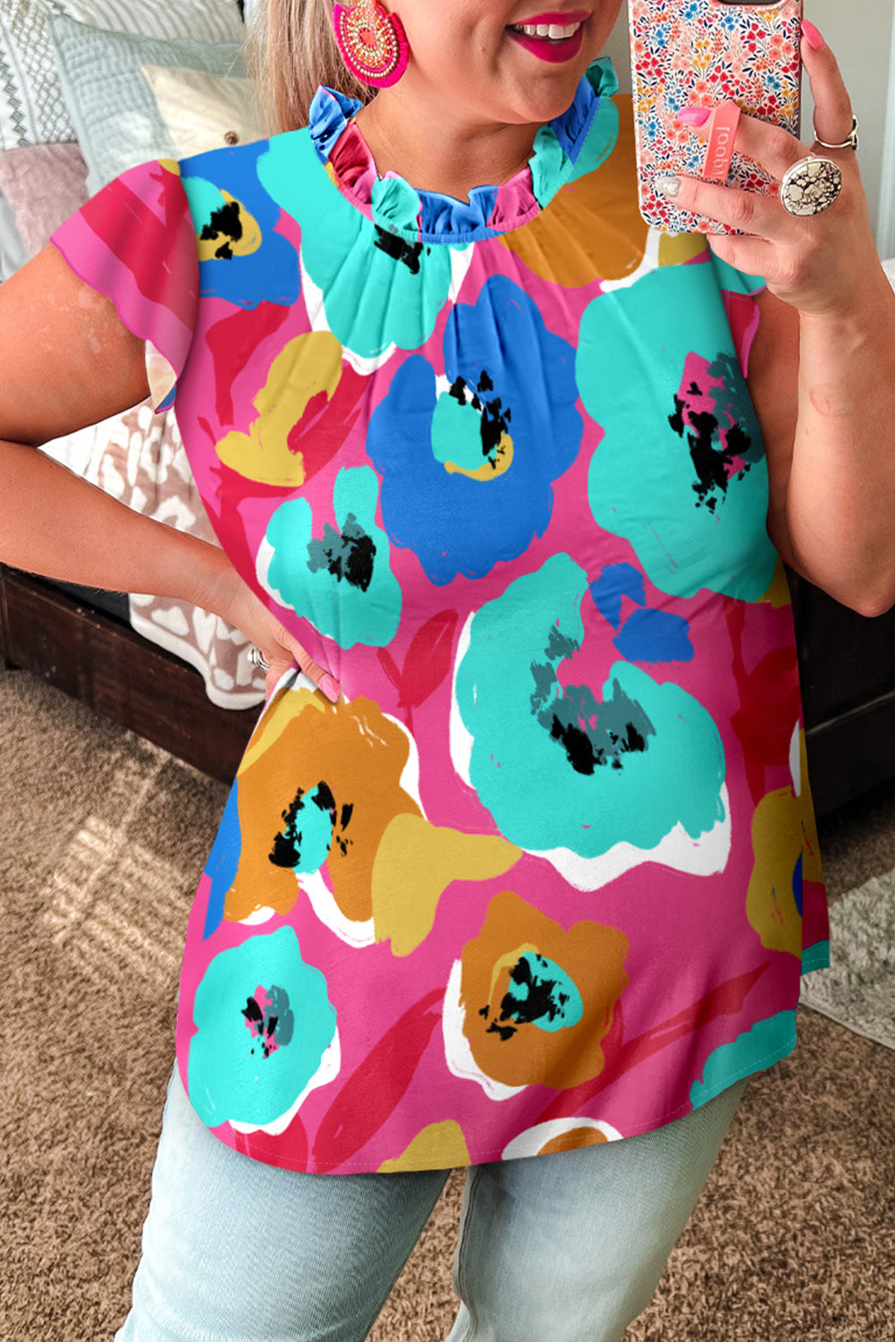 Blusa con cuello en V y manga 3/4 con estampado floral multicolor 