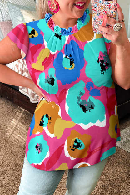 Blusa con cuello en V y manga 3/4 con estampado floral multicolor 