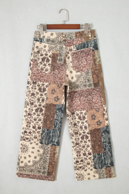 Khaki Western/ Patchwork Print Casual Shift Jeans