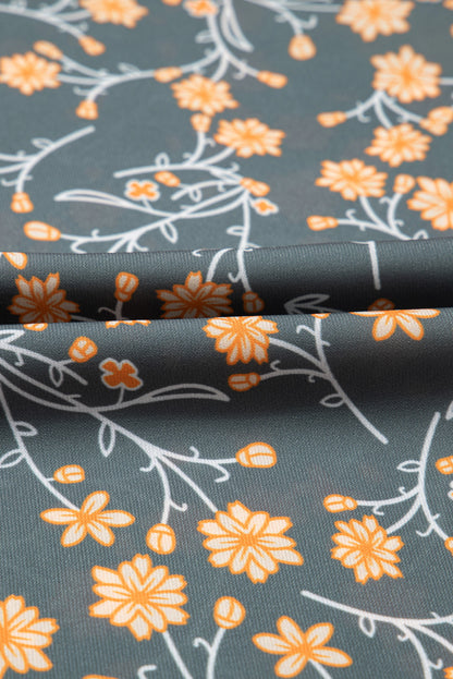 Chemisier vert à manches lanternes et col en V boutonné, motif patchwork floral, grande taille