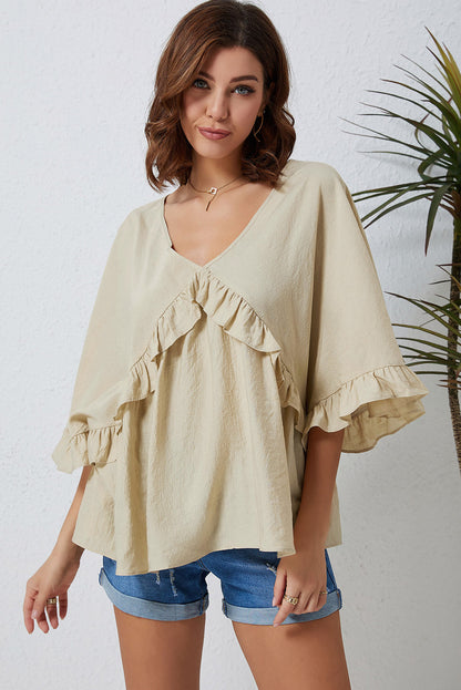 V Neck Draped Batwing Sleeve Ruffle Top