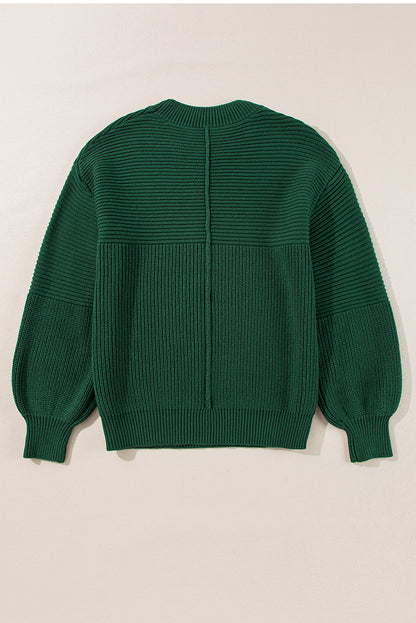 Pull ras du cou à manches lanternes en tricot texturé vert noirâtre