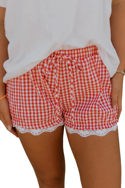 Red Gingham Plaid Tie Elastic Waist Lace Patchwork Hem Casual Shorts