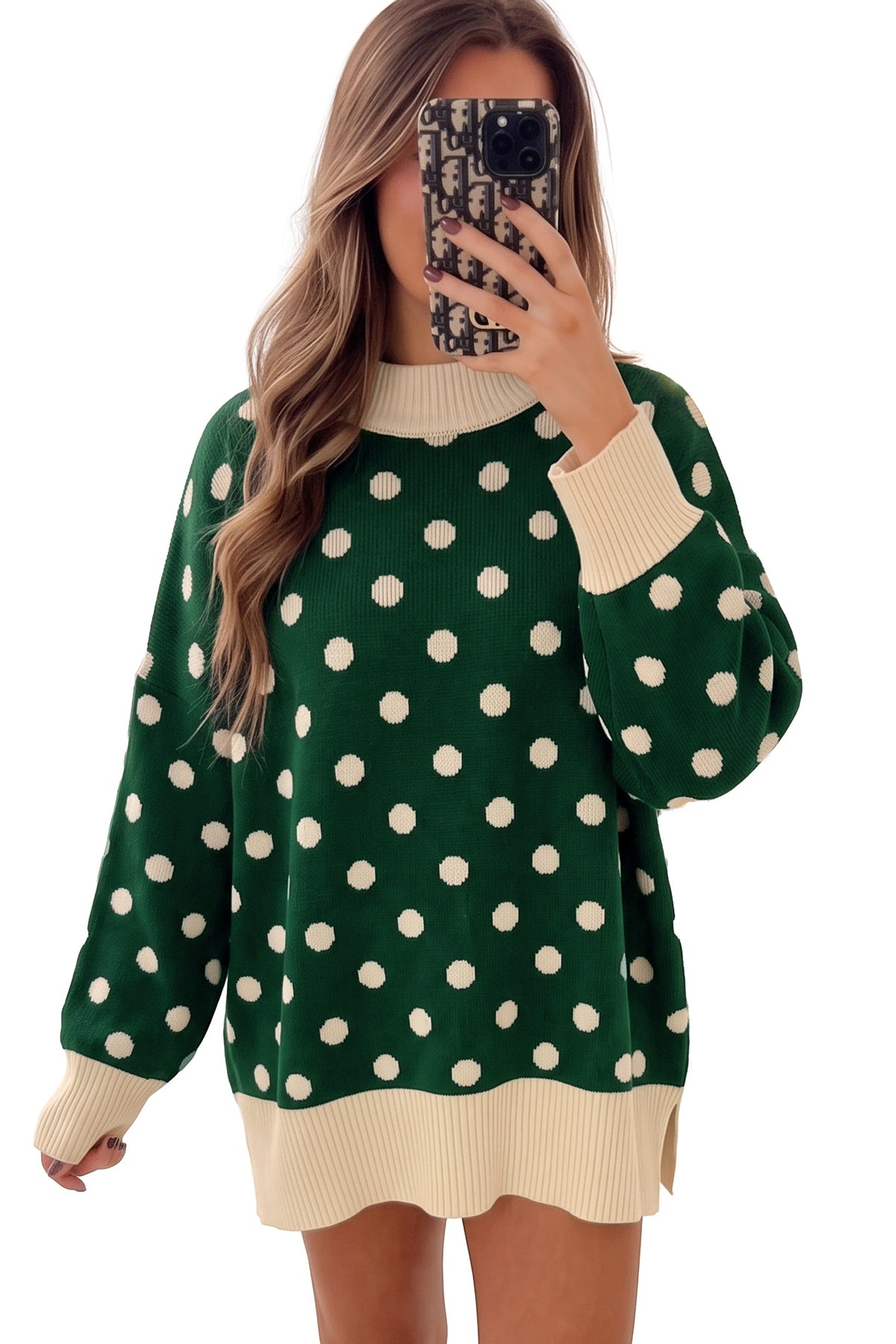 Green Polka Dot Pattern Ribbed Colorblock Trim Split Tunic Sweater