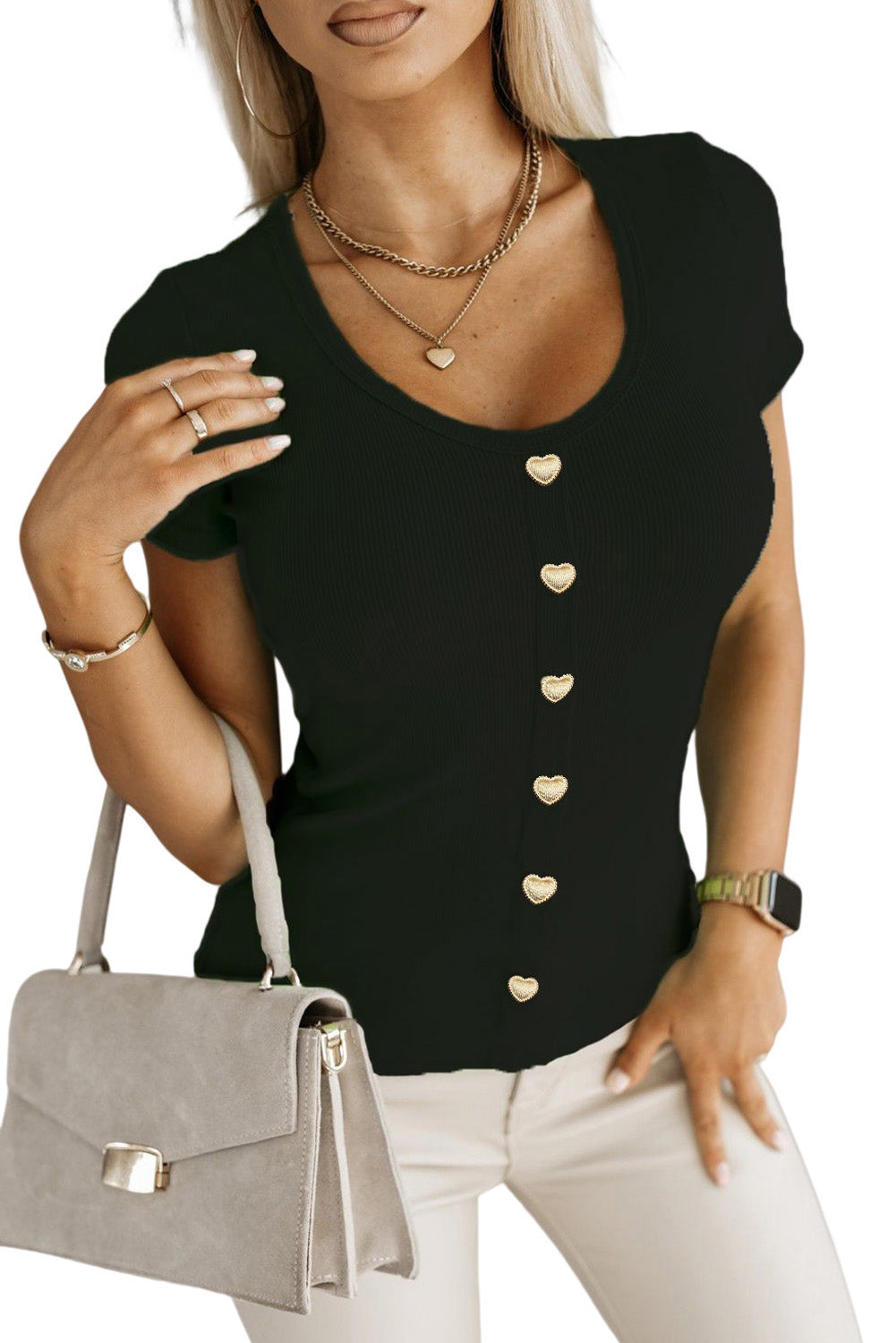 Haut à manches courtes en tricot côtelé avec boutons en métal 