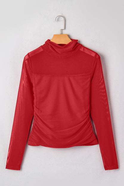 Fiery Red Sheer Mesh Patchwork High Neck Long Sleeve Top