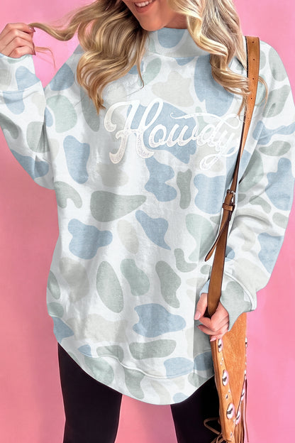 Sky Blue Camo Print Howdy Western Style Baggy Pullover Sweatshirt