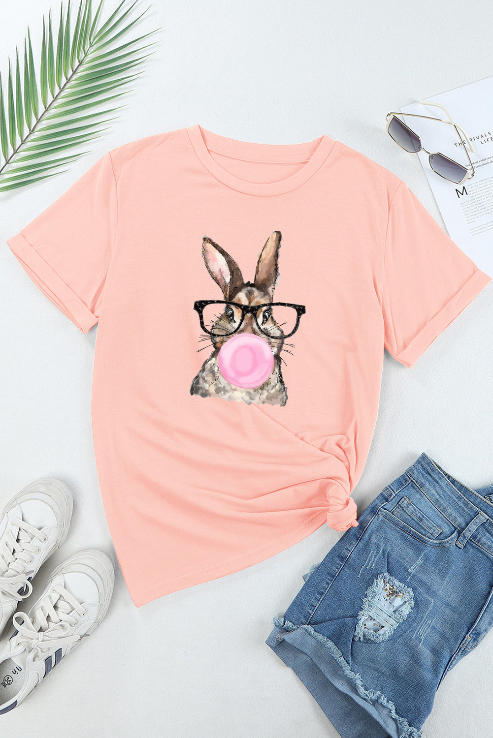 T-shirt décontracté à col rond et imprimé lapin de Pâques rose