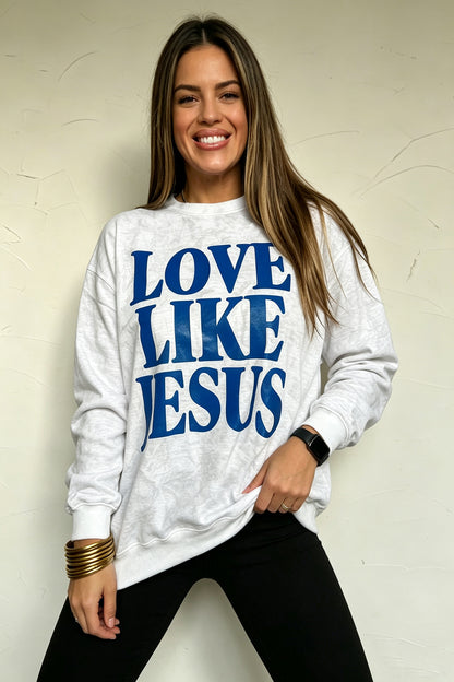 Gray LOVE LIKE JESUS Letter Print Round Neck Light Camo Pullover Sweatshirt
