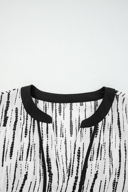 White Abstract Printed V Neck Fall Blouse