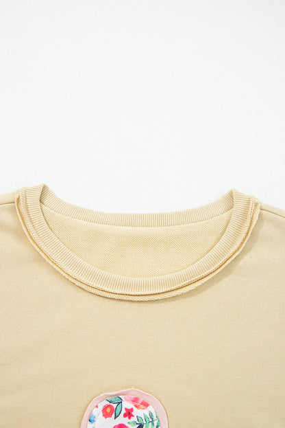 Pale Khaki Floral Applique Baggy Pullover Sweatshirt