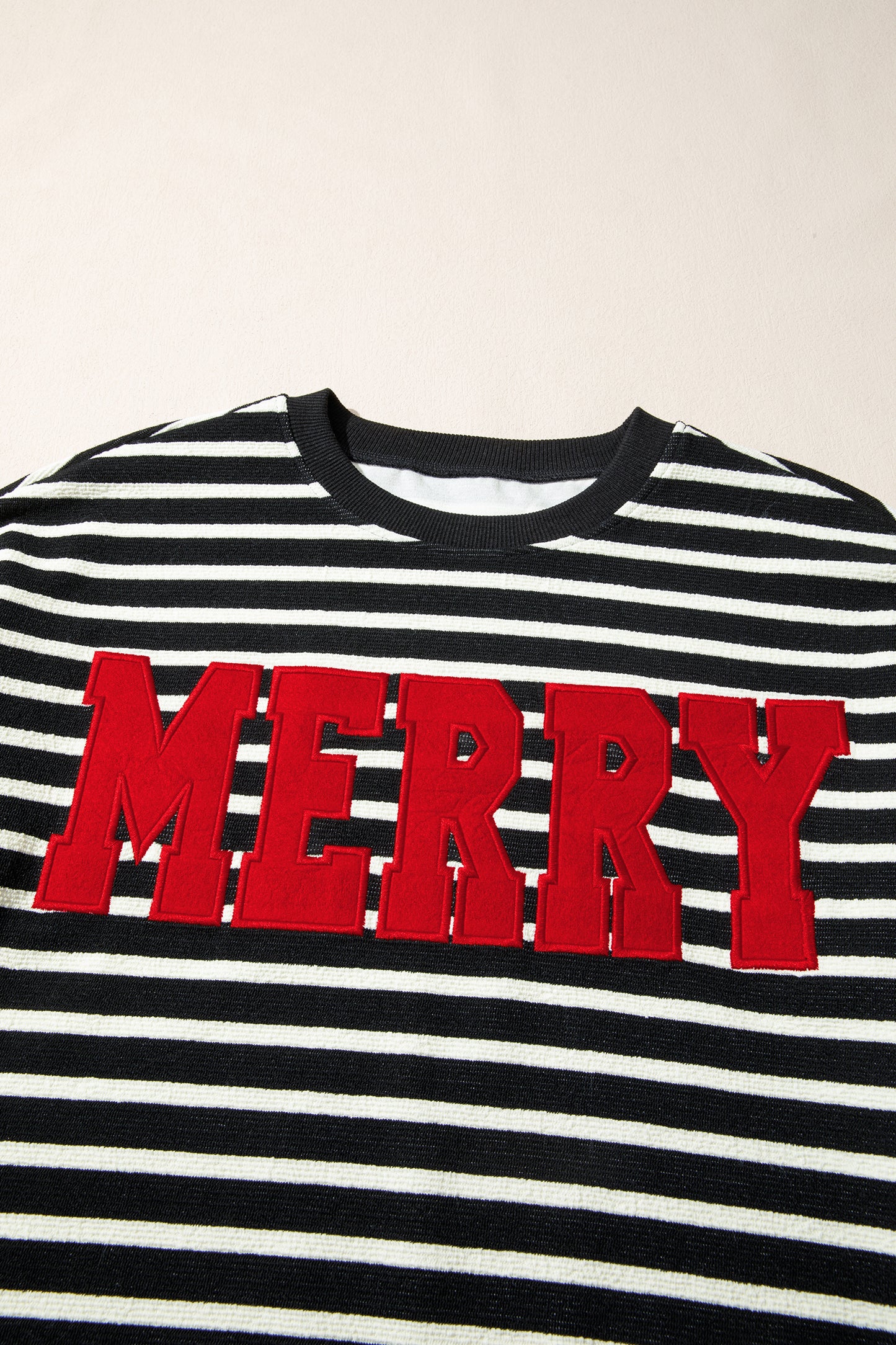 Black Stripe Contrast MERRY Letter Christmas Print Drop Shoulder Sweatshirt