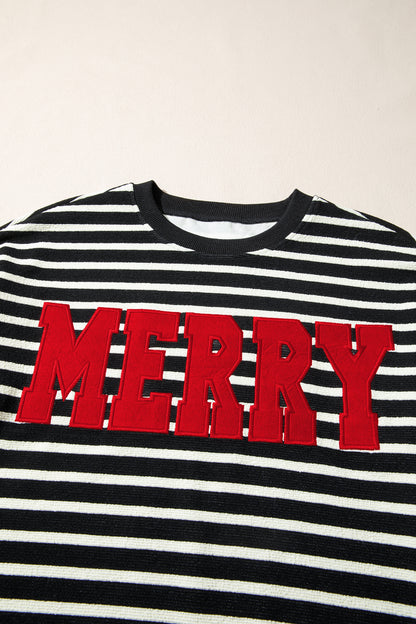 Black Stripe Contrast MERRY Letter Christmas Print Drop Shoulder Sweatshirt