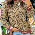 Brown Leopard Polka Dot Colorblock Trim Long Sleeve Top