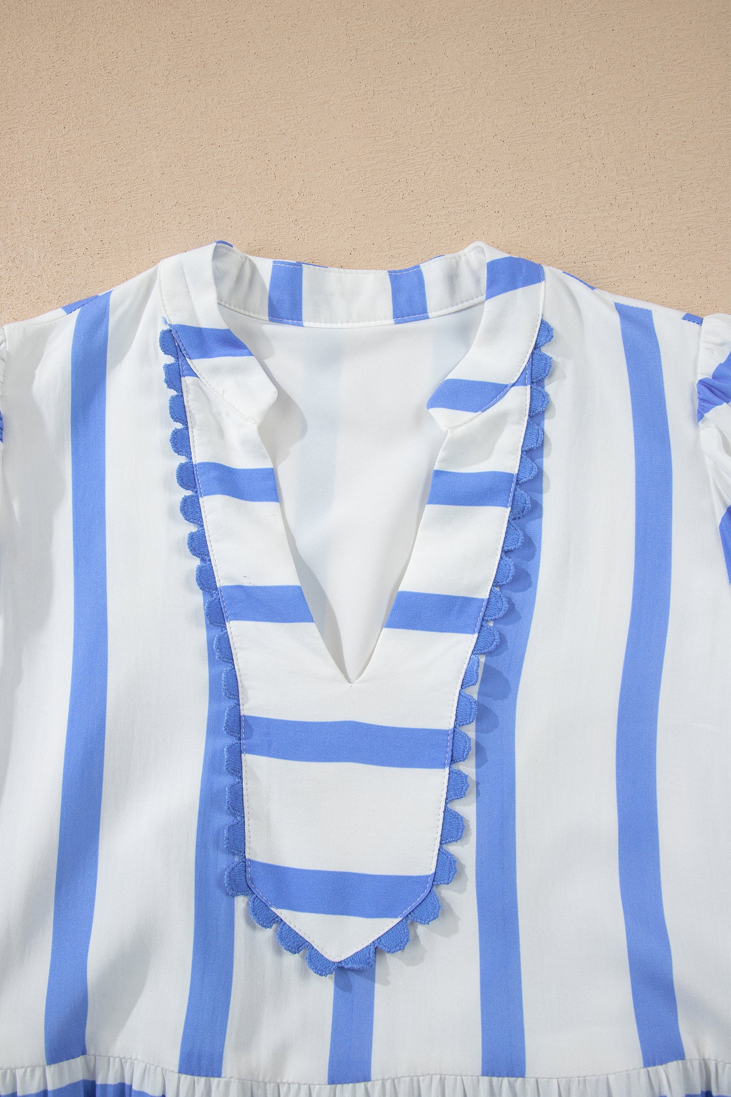 Sky Blue Stripe Ricrac Trim Notched Neck Half Sleeve Vacation Dress
