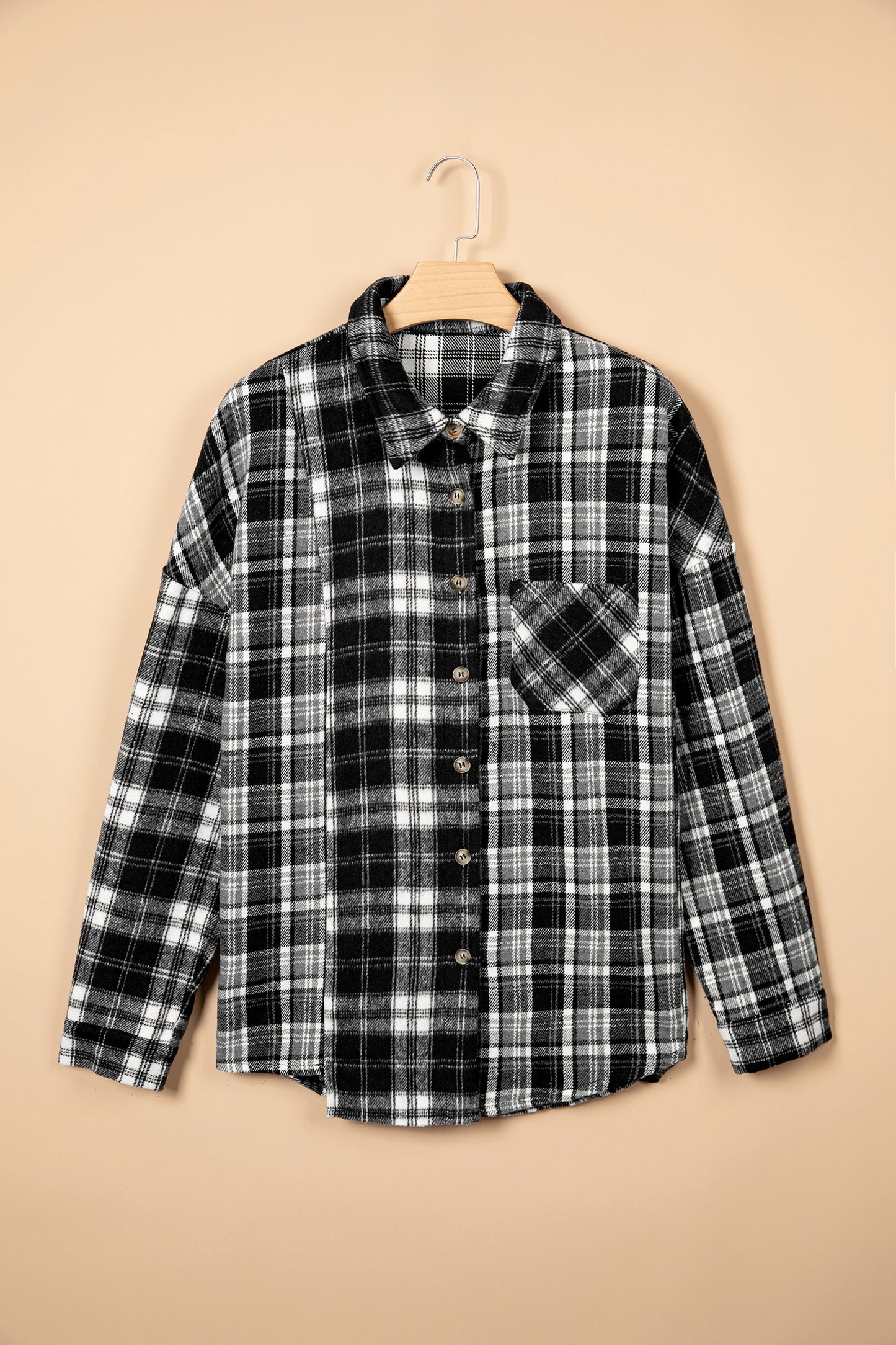 Black Plaid Long Sleeve V Neck Shift Plus Size Shirt Jacket