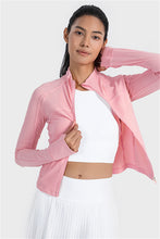 Pink Ribbed Stitching Thumbhole Sleeve Zip Up Active Top